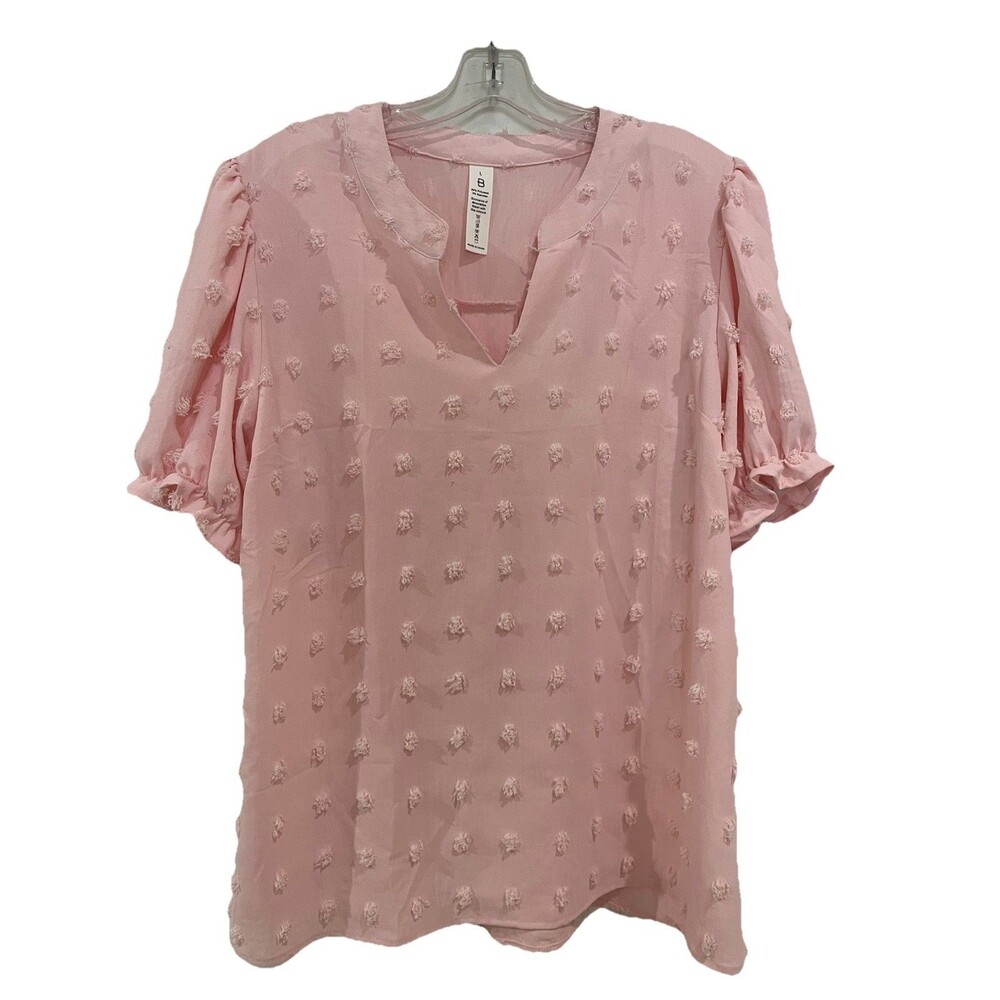 B Swiss Dot Puff Short Sleeve Split Neck Size Large Pink Chiffon Blouse Feminine